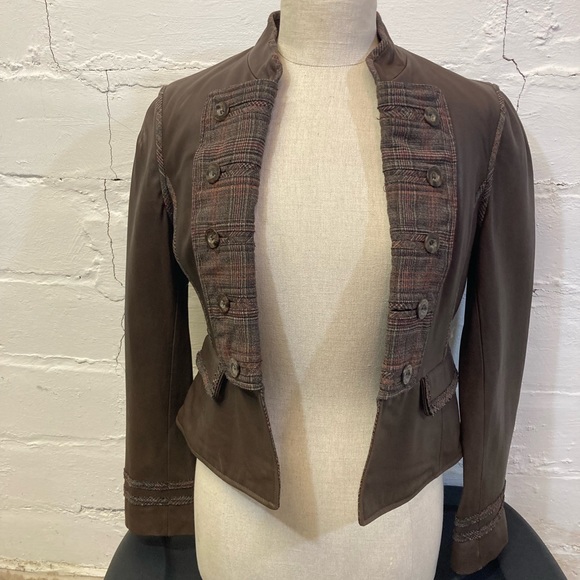 BCBGMAXAZRIA Women’s Brown Leather Crop Military Jacket with Plaid Detailing. - Picture 3 of 11